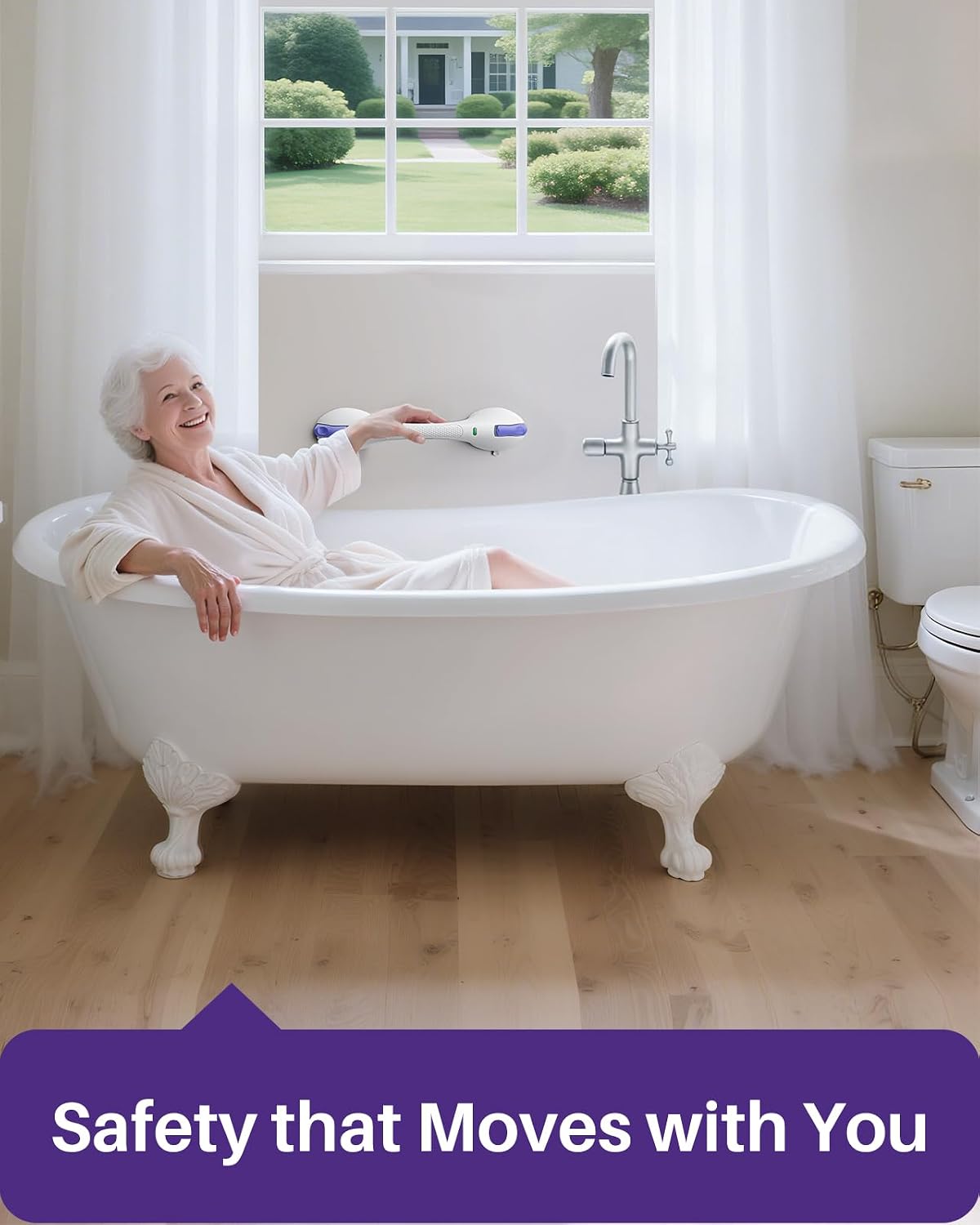 17.5 Inch Suction Grab Bars for Bathtubs and Showers with Indicator - Heavy Duty Safety Shower Handle for Seniors and Elderly, Handicap Bars for Bathroom, No Drilling and Removable, Purple