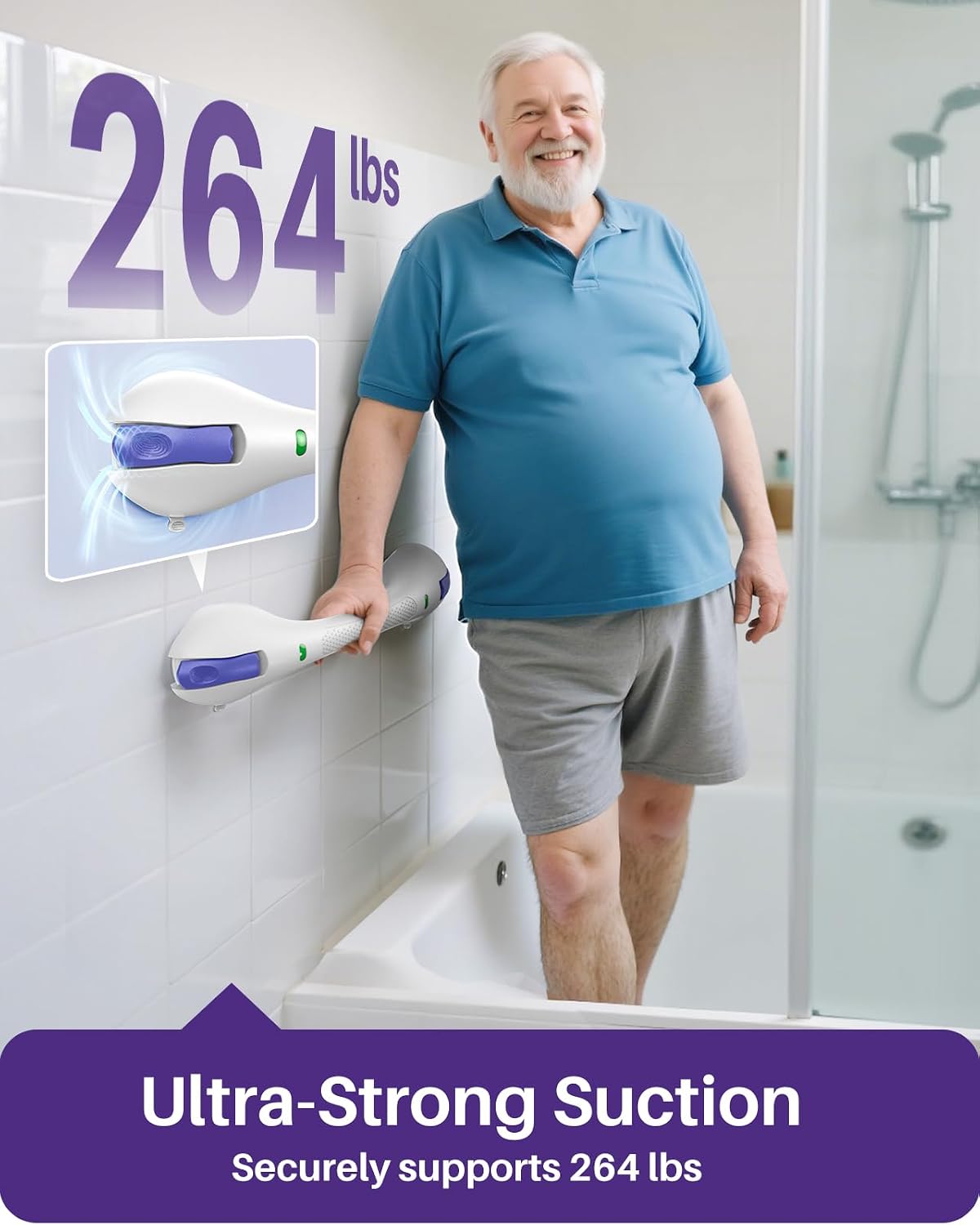17.5 Inch Suction Grab Bars for Bathtubs and Showers with Indicator - Heavy Duty Safety Shower Handle for Seniors and Elderly, Handicap Bars for Bathroom, No Drilling and Removable, Purple
