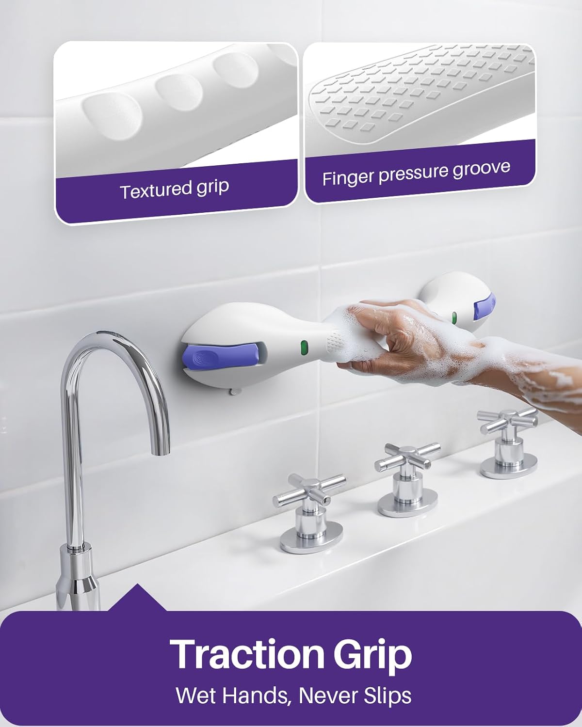 17.5 Inch Suction Grab Bars for Bathtubs and Showers with Indicator - Heavy Duty Safety Shower Handle for Seniors and Elderly, Handicap Bars for Bathroom, No Drilling and Removable, Purple