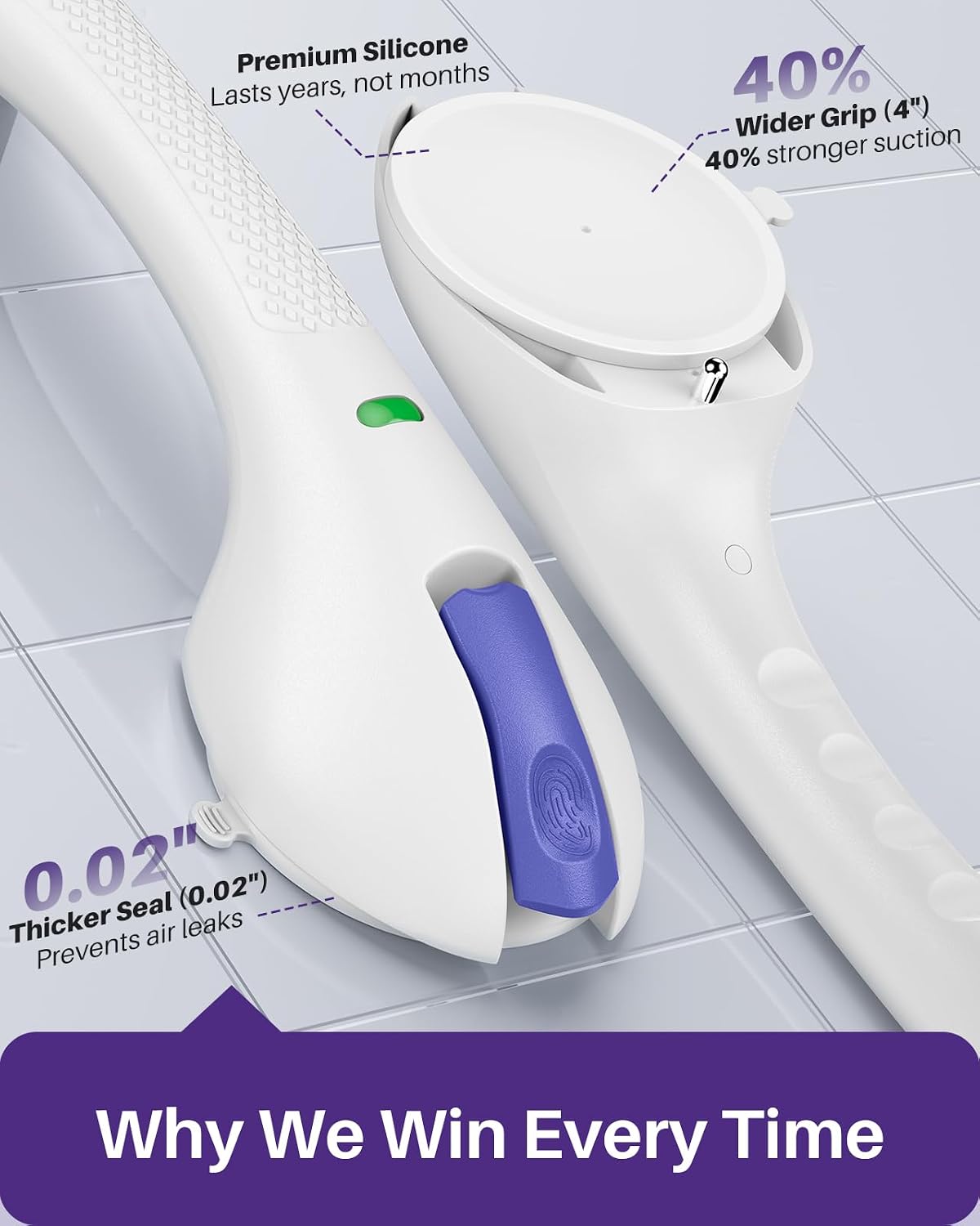 17.5 Inch Suction Grab Bars for Bathtubs and Showers with Indicator - Heavy Duty Safety Shower Handle for Seniors and Elderly, Handicap Bars for Bathroom, No Drilling and Removable, Purple