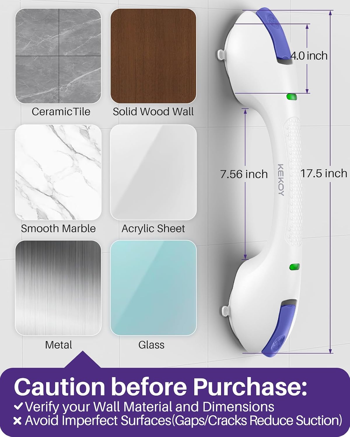 17.5 Inch Suction Grab Bars for Bathtubs and Showers with Indicator - Heavy Duty Safety Shower Handle for Seniors and Elderly, Handicap Bars for Bathroom, No Drilling and Removable, Purple