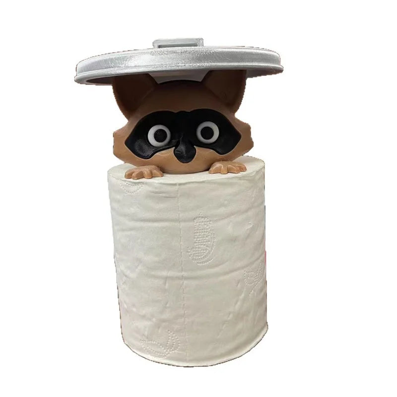 Cute Raccoon Toilet Paper Holder Playful Bathroom Decor with Trash Can Lid Cover Unique Gift Idea Funny Home Accessory