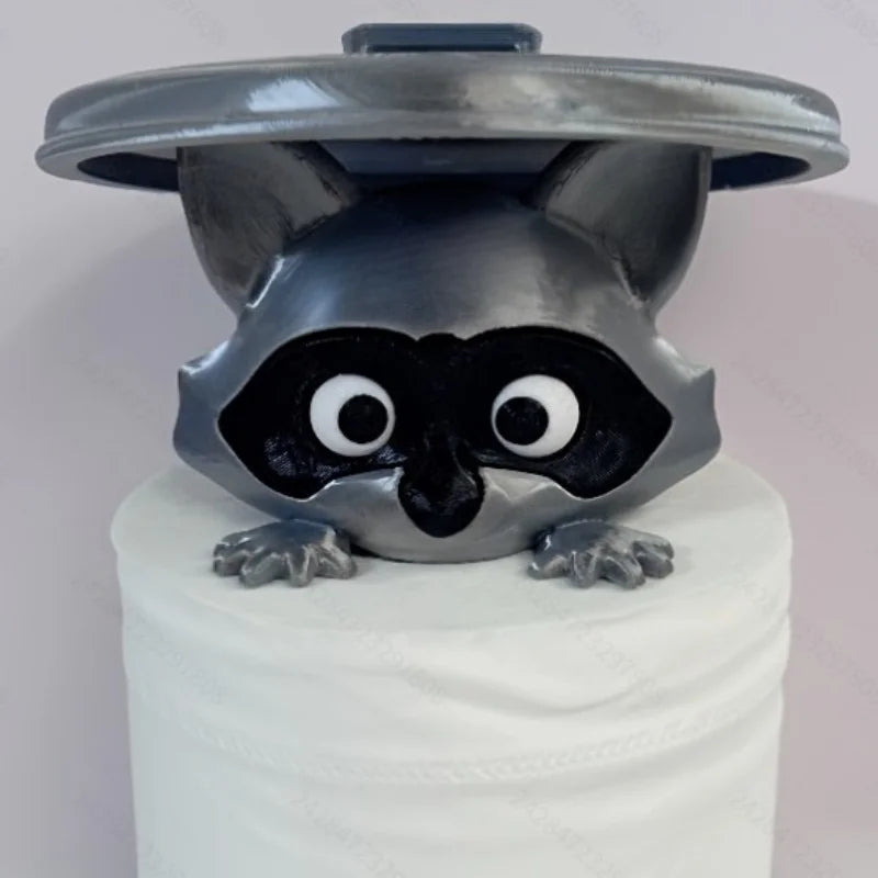 Cute Raccoon Toilet Paper Holder Playful Bathroom Decor with Trash Can Lid Cover Unique Gift Idea Funny Home Accessory