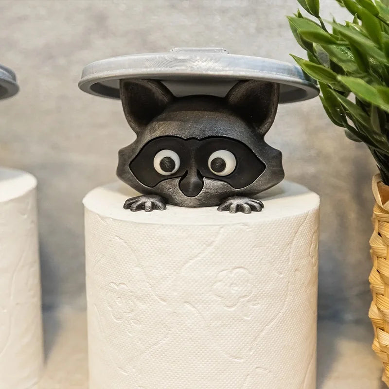 Cute Raccoon Toilet Paper Holder Playful Bathroom Decor with Trash Can Lid Cover Unique Gift Idea Funny Home Accessory