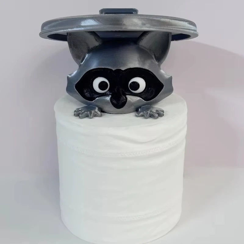 Cute Raccoon Toilet Paper Holder Playful Bathroom Decor with Trash Can Lid Cover Unique Gift Idea Funny Home Accessory