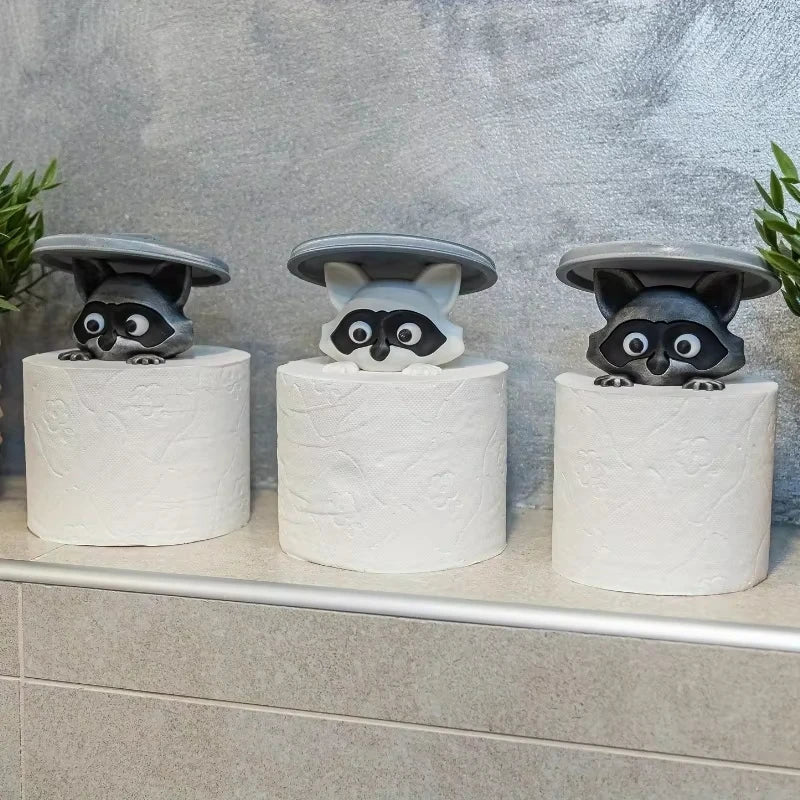 Cute Raccoon Toilet Paper Holder Playful Bathroom Decor with Trash Can Lid Cover Unique Gift Idea Funny Home Accessory