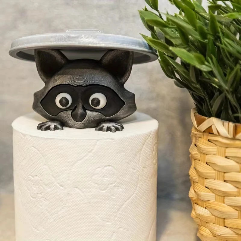 Cute Raccoon Toilet Paper Holder Playful Bathroom Decor with Trash Can Lid Cover Unique Gift Idea Funny Home Accessory