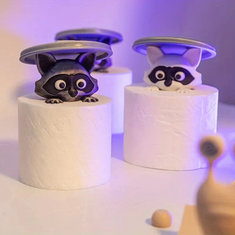 Cute Raccoon Toilet Paper Holder Playful Bathroom Decor with Trash Can Lid Cover Unique Gift Idea Funny Home Accessory