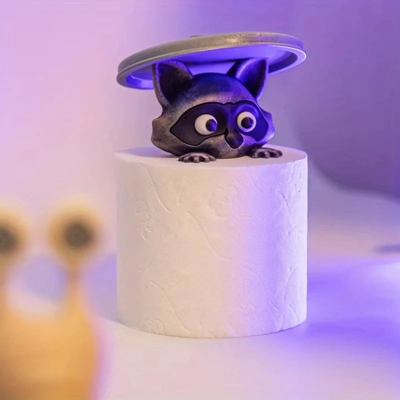 Cute Raccoon Toilet Paper Holder Playful Bathroom Decor with Trash Can Lid Cover Unique Gift Idea Funny Home Accessory