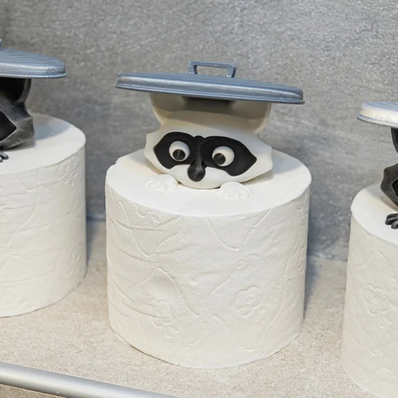 Cute Raccoon Toilet Paper Holder Playful Bathroom Decor with Trash Can Lid Cover Unique Gift Idea Funny Home Accessory