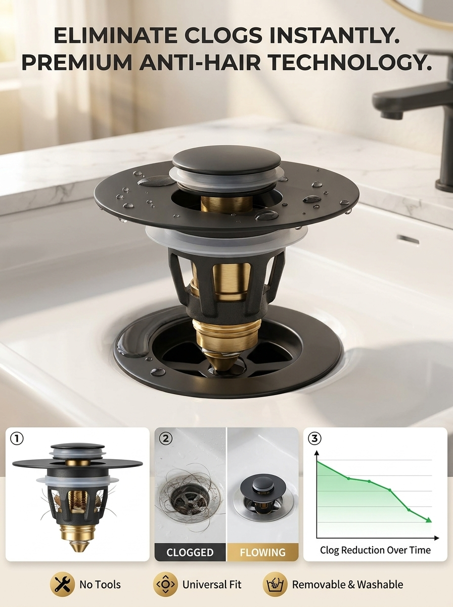 Bathroom Sink Stopper, (Matte Black)